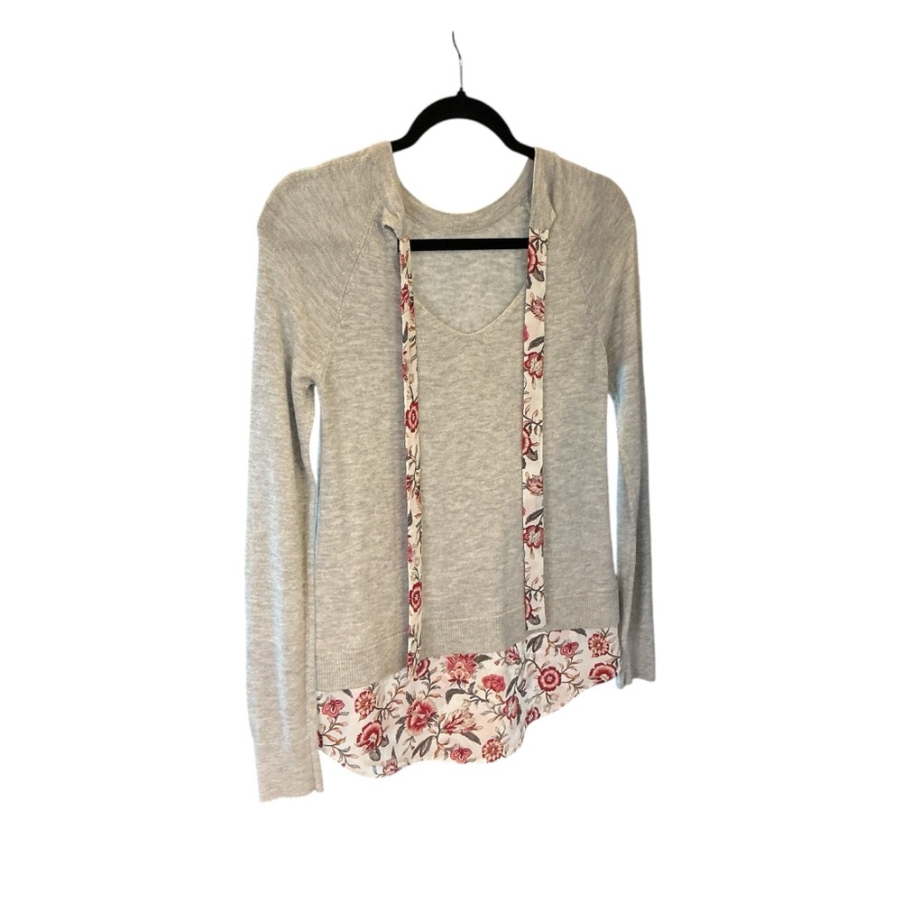 LOFT XS gray knit sweater with floral layered hem long sleeve lightweight top
